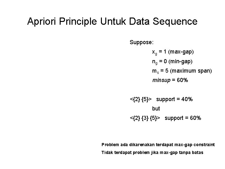 Apriori Principle Untuk Data Sequence Suppose: xg = 1 (max-gap) ng = 0 (min-gap) Apriori Principle Untuk Data Sequence Suppose: xg = 1 (max-gap) ng = 0 (min-gap)
