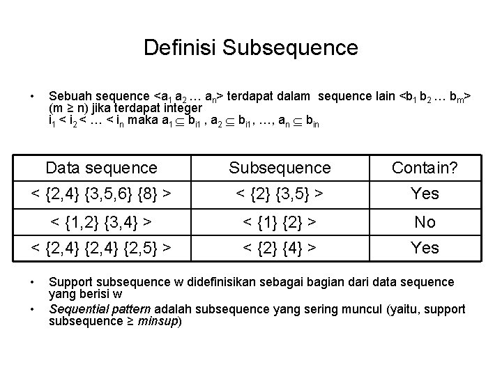 Definisi Subsequence • Sebuah sequence <a 1 a 2 … an> terdapat dalam sequence Definisi Subsequence • Sebuah sequence <a 1 a 2 … an> terdapat dalam sequence
