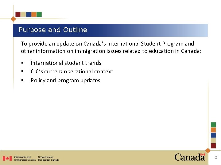 Purpose and Outline To provide an update on Canada’s International Student Program and other