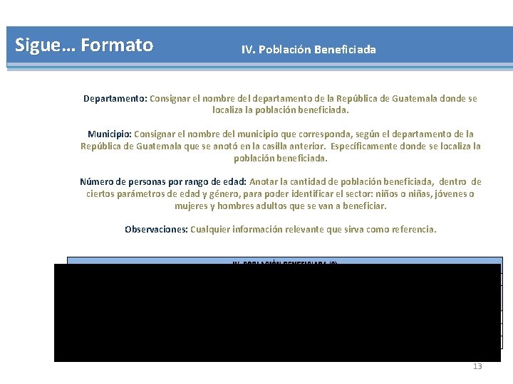 Sigue… Formato IV. Población Beneficiada Departamento: Consignar el nombre del departamento de la República