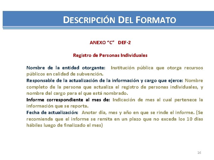 DESCRIPCIÓN DEL FORMATO ANEXO “C” DEF-2 Registro de Personas Individuales Nombre de la entidad