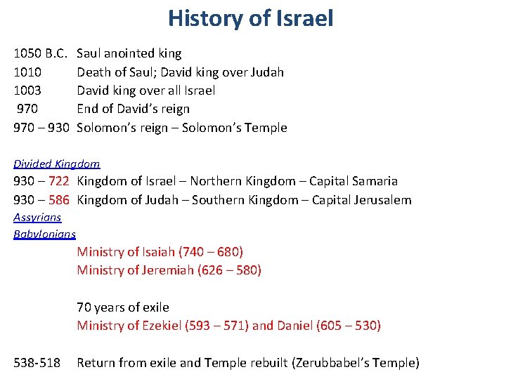 History of Israel 1050 B. C. 1010 1003 970 – 930 Saul anointed king
