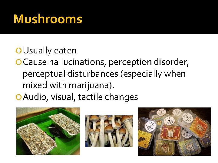 Mushrooms Usually eaten Cause hallucinations, perception disorder, perceptual disturbances (especially when mixed with marijuana).