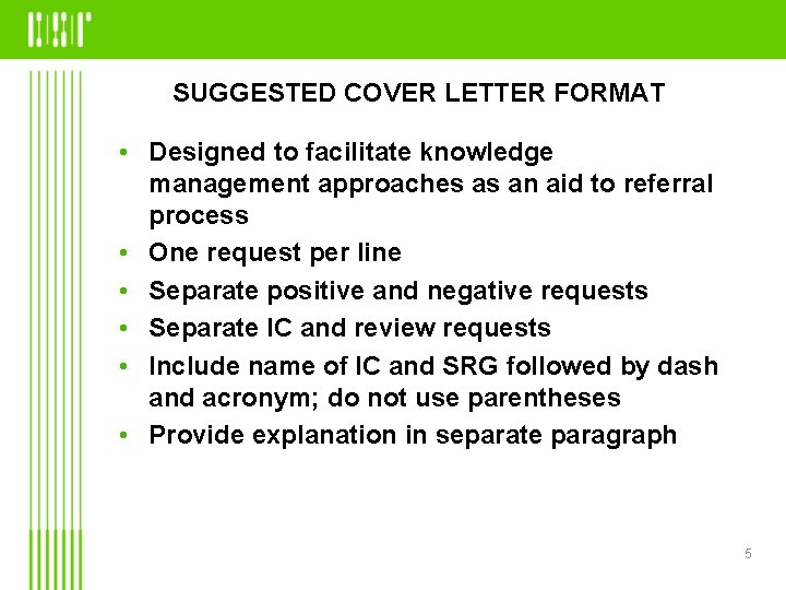 SUGGESTED COVER LETTER FORMAT • Designed to facilitate knowledge management approaches as an aid