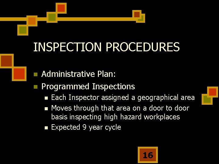 INSPECTION PROCEDURES n n Administrative Plan: Programmed Inspections n n n Each Inspector assigned