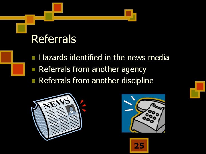 Referrals n n n Hazards identified in the news media Referrals from another agency