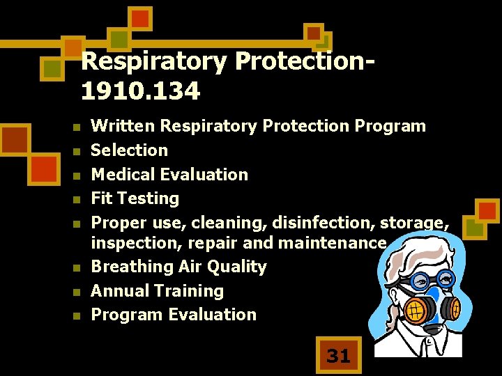 Respiratory Protection 1910. 134 n n n n Written Respiratory Protection Program Selection Medical