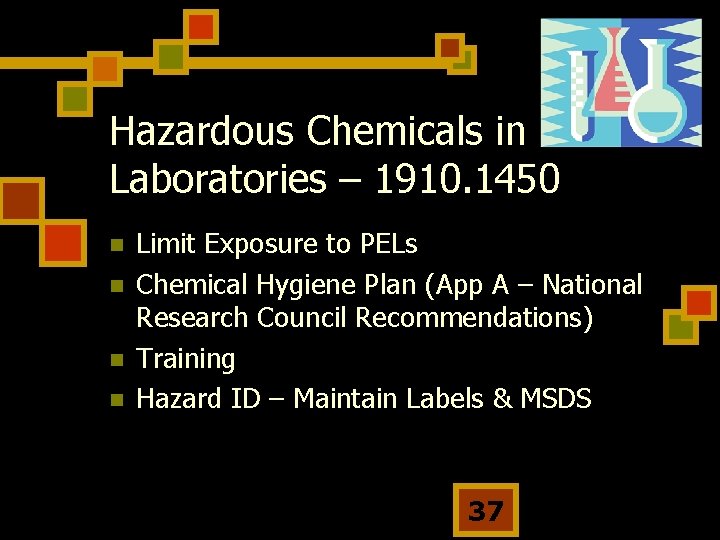 Hazardous Chemicals in Laboratories – 1910. 1450 n n Limit Exposure to PELs Chemical