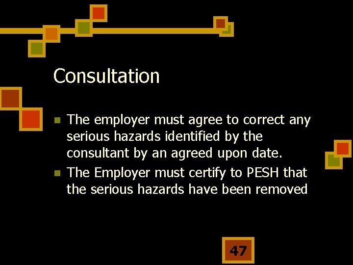 Consultation n n The employer must agree to correct any serious hazards identified by