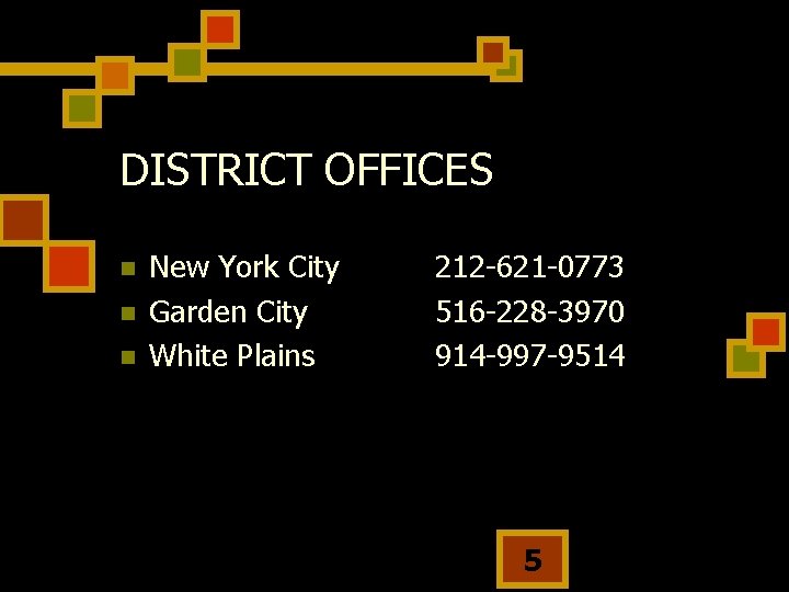 DISTRICT OFFICES n n n New York City Garden City White Plains 212 -621