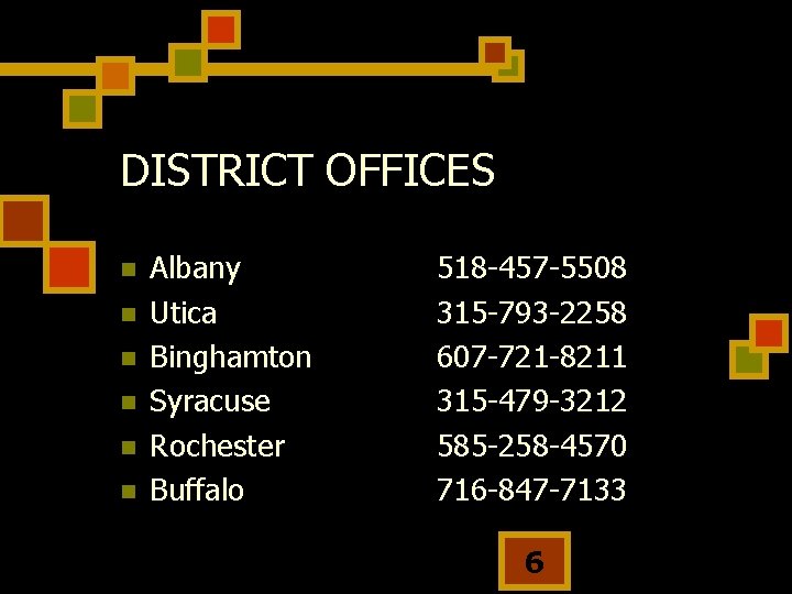 DISTRICT OFFICES n n n Albany Utica Binghamton Syracuse Rochester Buffalo 518 -457 -5508