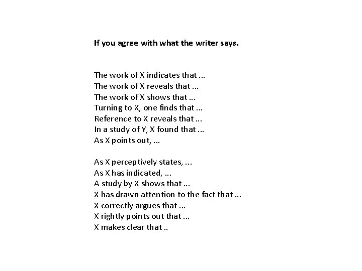 If you agree with what the writer says. The work of X indicates that.