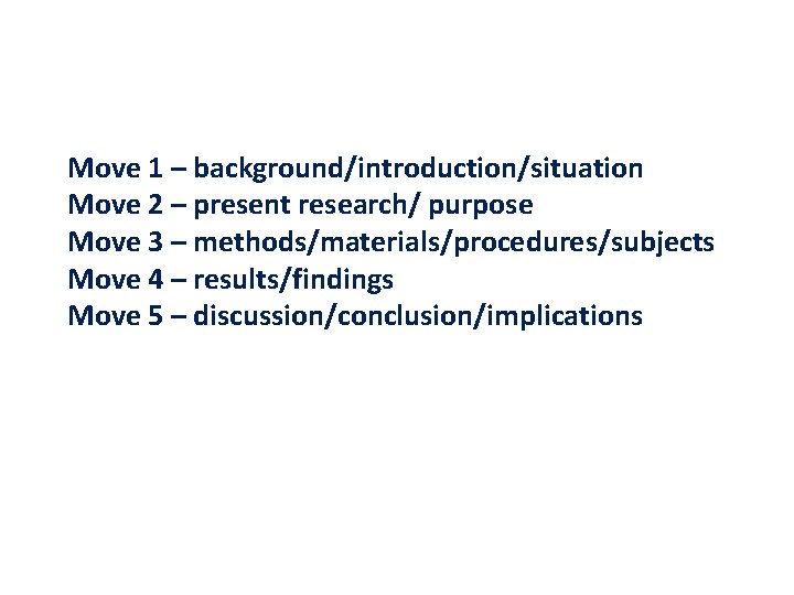 Move 1 – background/introduction/situation Move 2 – present research/ purpose Move 3 – methods/materials/procedures/subjects