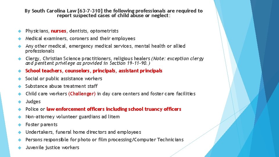 By South Carolina Law [63 -7 -310] the following professionals are required to report
