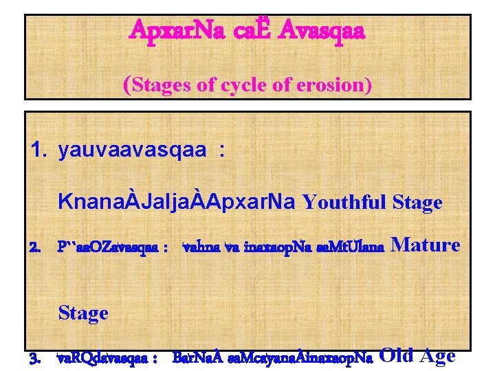 Apxar. Na caË Avasqaa (Stages of cycle of erosion) 1. yauvaavasqaa : KnanaÀJa. IjaÀApxar.