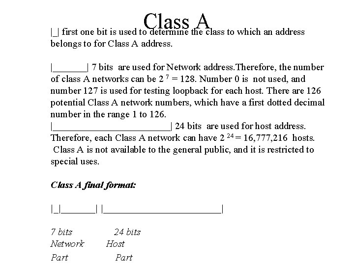 Class A |_| first one bit is used to determine the class to which
