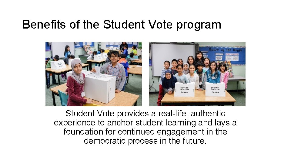 Benefits of the Student Vote program Student Vote provides a real-life, authentic experience to