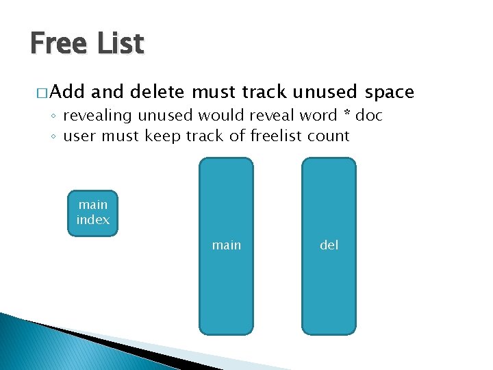 Free List � Add and delete must track unused space ◦ revealing unused would