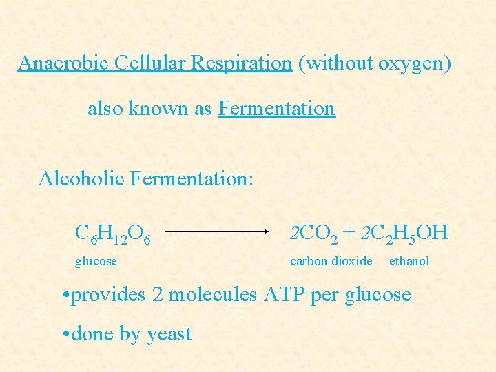 Anaerobic Cellular Respiration (without oxygen) also known as Fermentation Alcoholic Fermentation: C 6 H
