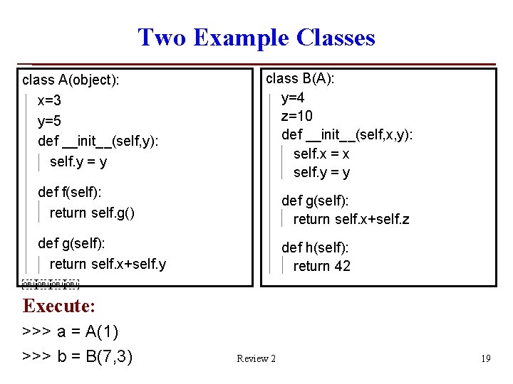 Two Example Classes class A(object): x=3 y=5 def __init__(self, y): self. y = y Two Example Classes class A(object): x=3 y=5 def __init__(self, y): self. y = y