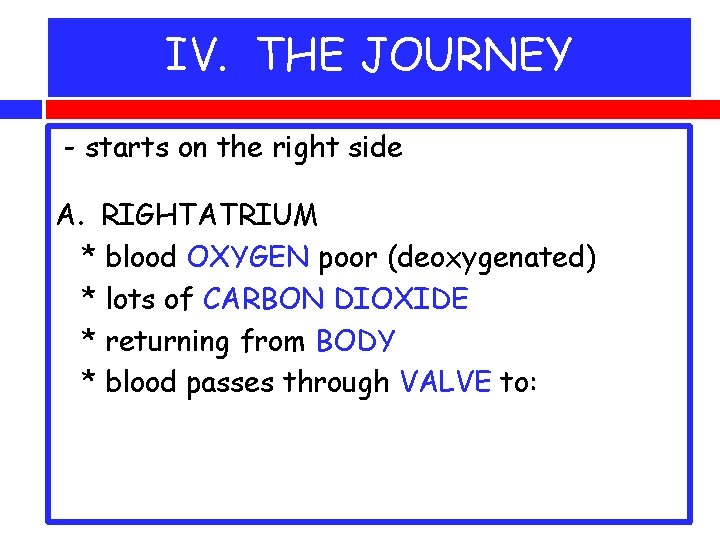 IV. THE JOURNEY - starts on the right side A. RIGHTATRIUM * blood OXYGEN