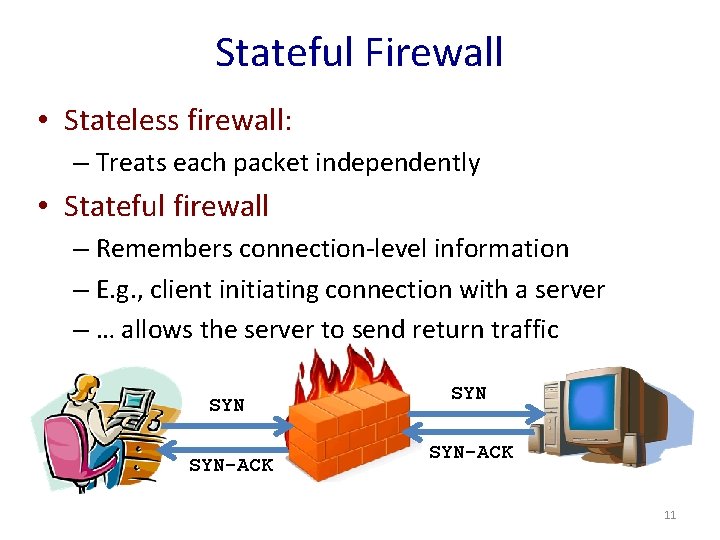 Stateful Firewall • Stateless firewall: – Treats each packet independently • Stateful firewall –