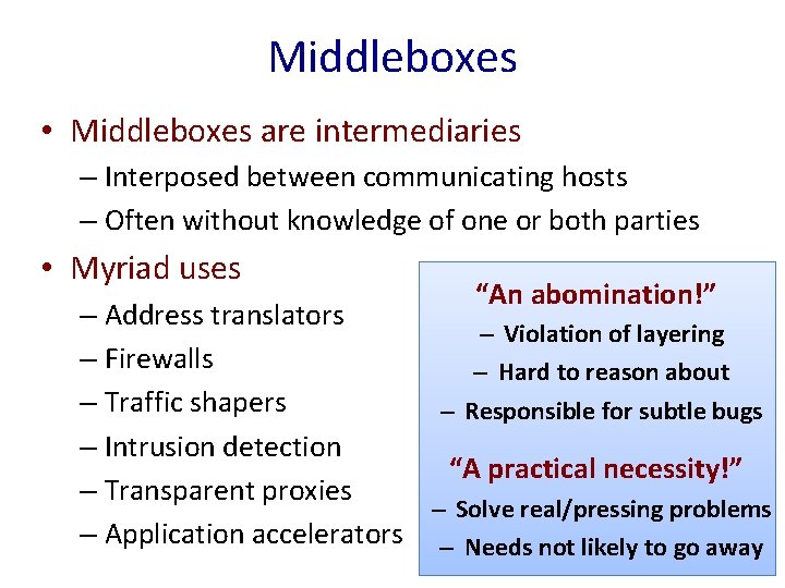 Middleboxes • Middleboxes are intermediaries – Interposed between communicating hosts – Often without knowledge