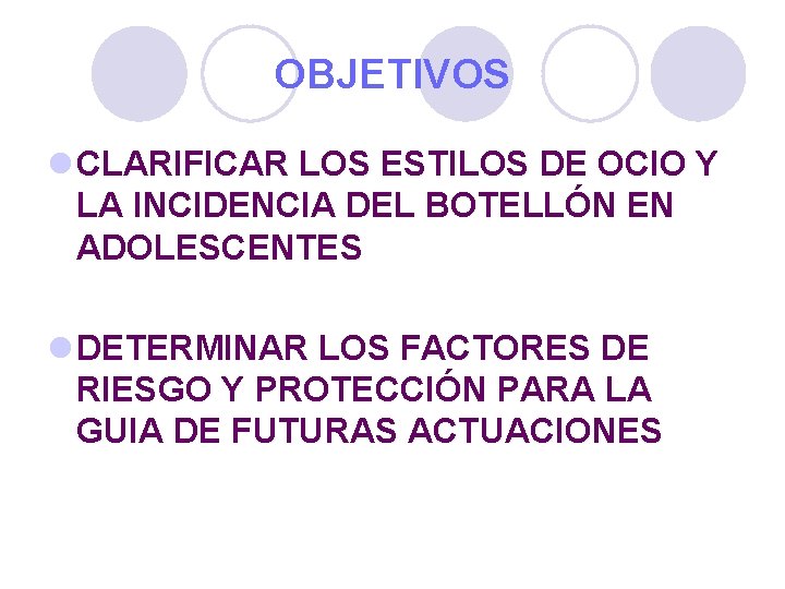 OBJETIVOS l CLARIFICAR LOS ESTILOS DE OCIO Y LA INCIDENCIA DEL BOTELLÓN EN ADOLESCENTES