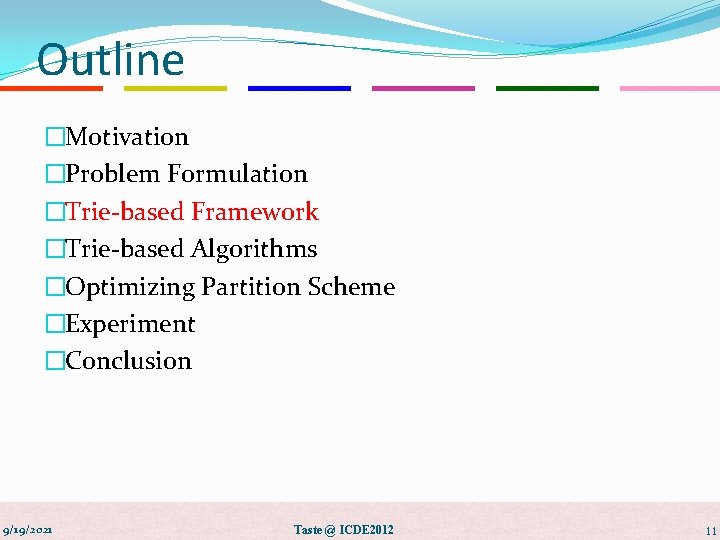 Outline �Motivation �Problem Formulation �Trie-based Framework �Trie-based Algorithms �Optimizing Partition Scheme �Experiment �Conclusion 9/19/2021
