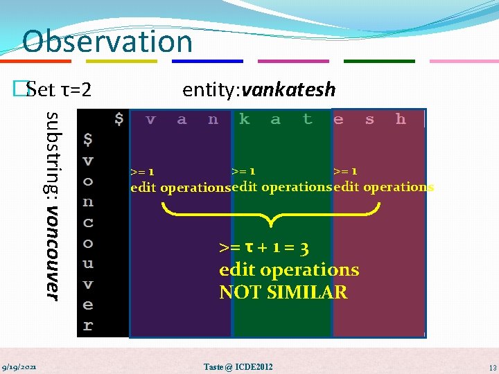 Observation �Set τ=2 substring: voncouver 9/19/2021 entity: vankatesh >= 1 edit operations >= τ