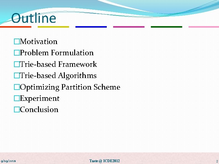 Outline �Motivation �Problem Formulation �Trie-based Framework �Trie-based Algorithms �Optimizing Partition Scheme �Experiment �Conclusion 9/19/2021
