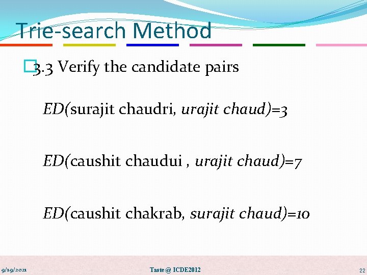 Trie-search Method � 3. 3 Verify the candidate pairs ED(surajit chaudri, urajit chaud)=3 ED(caushit