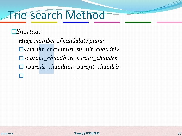 Trie-search Method �Shortage Huge Number of candidate pairs: �<surajit_chaudhuri, surajit_chaudri> � <surajit_chaudhur , surajit_chaudri>