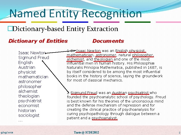 Named Entity Recognition �Dictionary-based Entity Extraction Dictionary of Entities Isaac Newton Sigmund Freud English