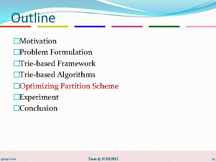 Outline �Motivation �Problem Formulation �Trie-based Framework �Trie-based Algorithms �Optimizing Partition Scheme �Experiment �Conclusion 9/19/2021