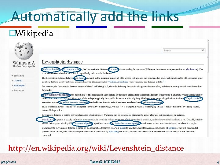 Automatically add the links �Wikipedia http: //en. wikipedia. org/wiki/Levenshtein_distance 9/19/2021 Taste @ ICDE 2012