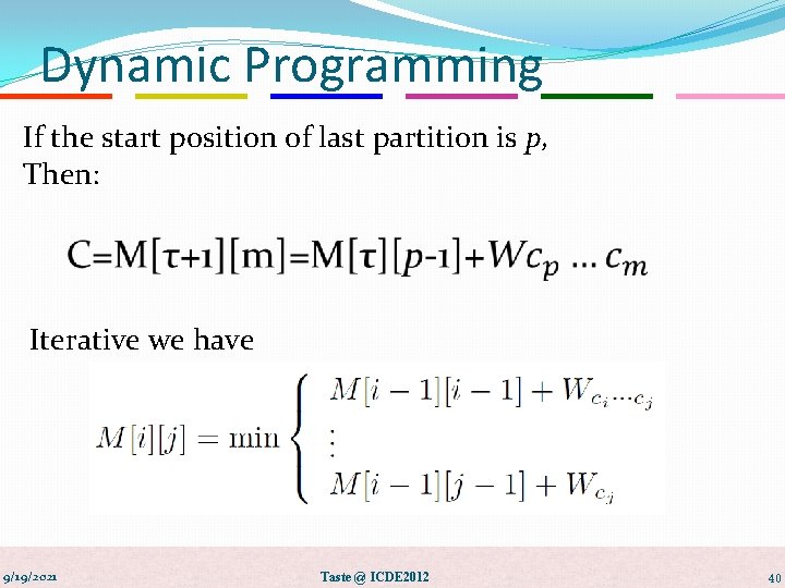 Dynamic Programming If the start position of last partition is p, Then: Iterative we