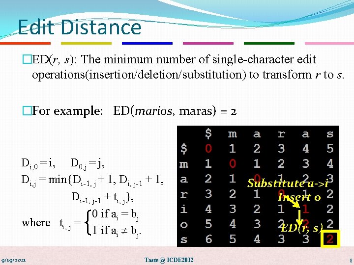 Edit Distance �ED(r, s): The minimum number of single-character edit operations(insertion/deletion/substitution) to transform r