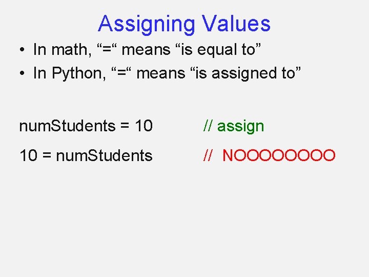 Assigning Values • In math, “=“ means “is equal to” • In Python, “=“