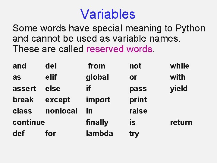 Variables Some words have special meaning to Python and cannot be used as variable