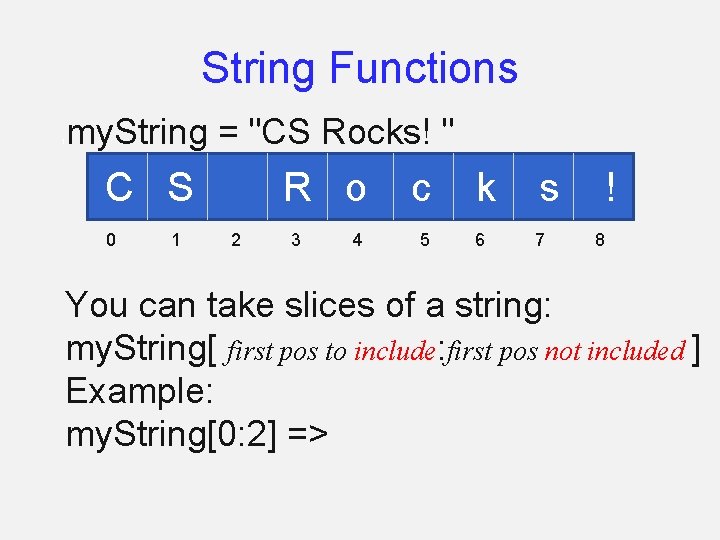 String Functions 1 my. String = "CS Rocks! " C S 0 1 R
