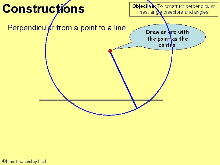 Constructions Perpendicular from a point to a line. @lhmaths: Lesley Hall Objective: To construct