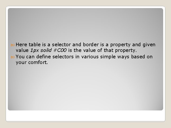  Here table is a selector and border is a property and given value