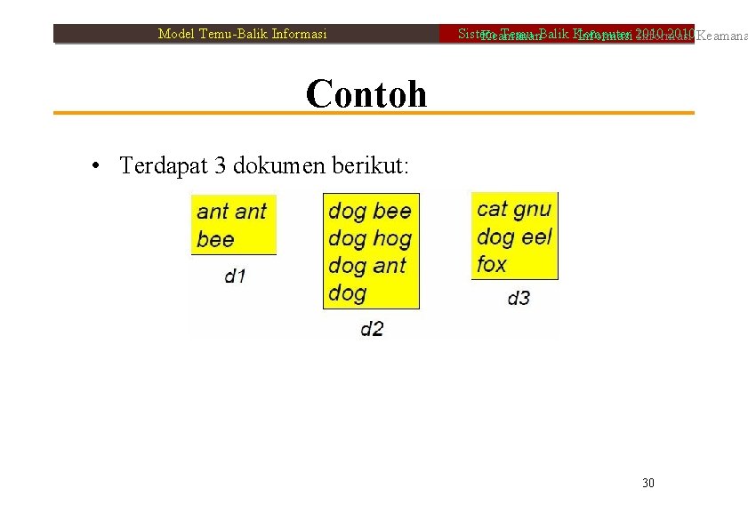 Model Temu-Balik Informasi Sistem Temu-Balik Komputer 2010 Keamanan Informasi 2010 Informasi Contoh • Terdapat