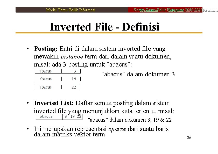 Model Temu-Balik Informasi Sistem Temu-Balik Komputer 2010 Keamanan Informasi 2010 Informasi Inverted File -