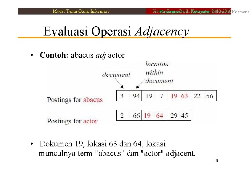 Model Temu-Balik Informasi Sistem Temu-Balik Komputer 2010 Keamanan Informasi 2010 Informasi Evaluasi Operasi Adjacency