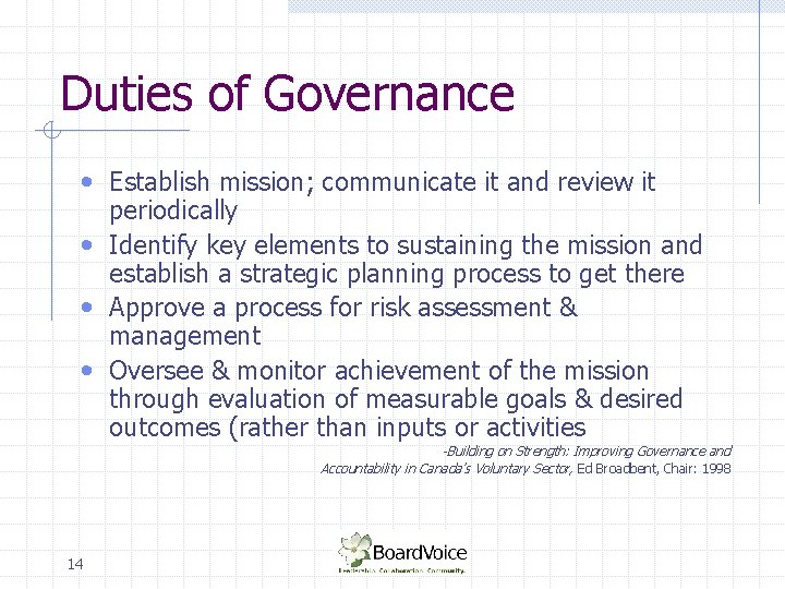 Duties of Governance • Establish mission; communicate it and review it periodically • Identify
