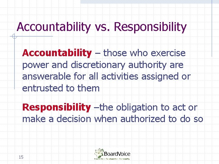 Accountability vs. Responsibility Accountability – those who exercise power and discretionary authority are answerable