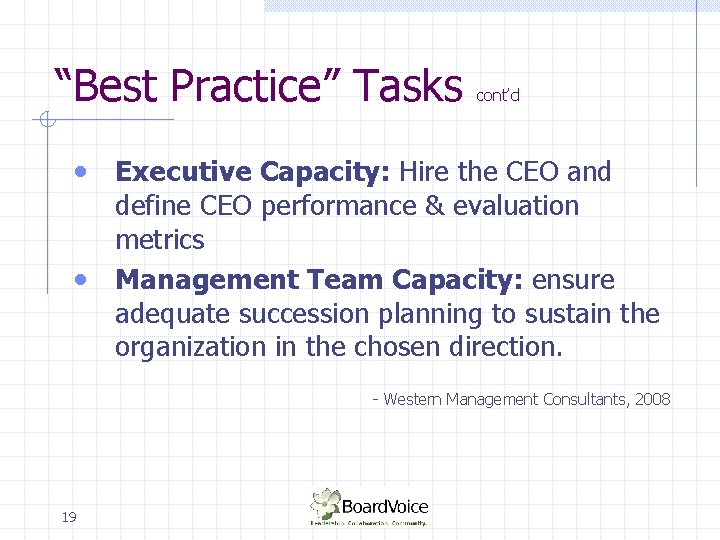 “Best Practice” Tasks cont’d • Executive Capacity: Hire the CEO and define CEO performance