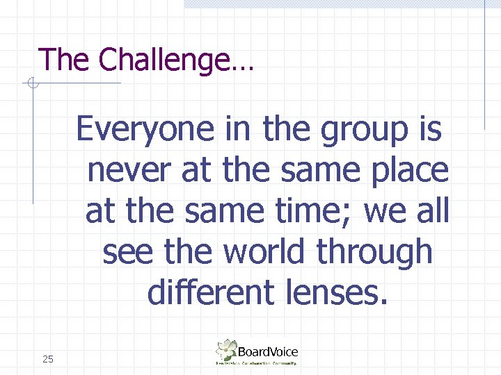 The Challenge… Everyone in the group is never at the same place at the